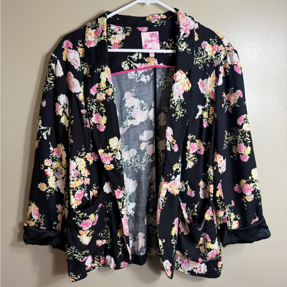 Candie’s Y2K Floral Open Blazer XL Black Pink Lightweight Jacket